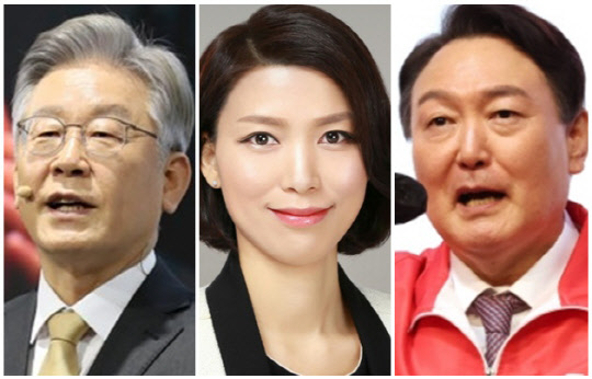 이재명(왼쪽) 더불어민주당 대선 후보, 김정화(가운데) 전 민생당 대표, 윤석열 국민의힘 대선 후보. <연합뉴스>